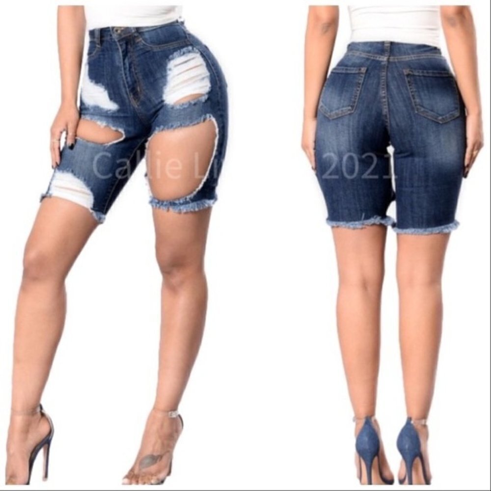 Miz Plus: Distressed Blue Bermuda Torn Jean Shorts